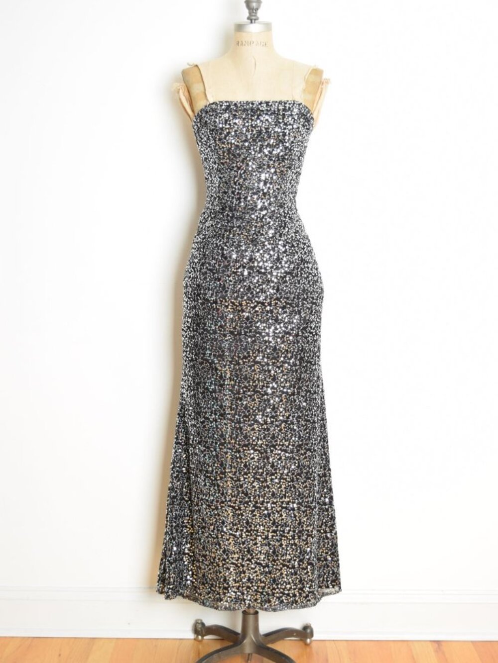 vintage Y2K prom dress Jessica McClintock black silver sequin mermaid gown XS